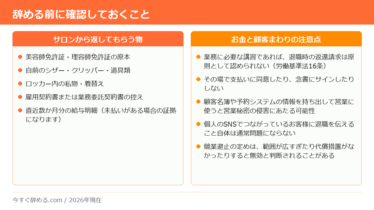 退職前にサロンから回収する5つの物と、講習費・顧客連絡・競業避止に関する5つの注意点